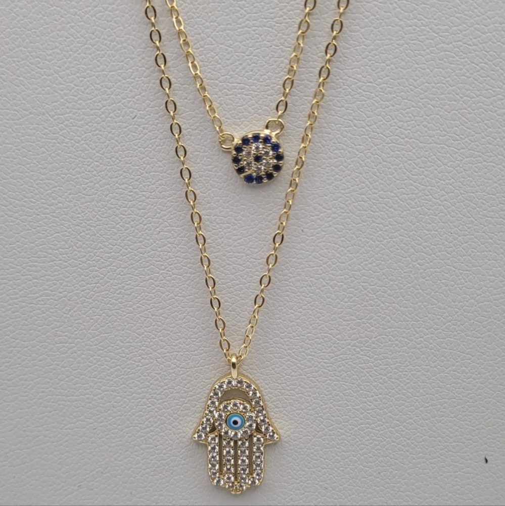 Hamsa Hand and Evil Eye Dainty Double Layered Sterling Silver CZ Necklace